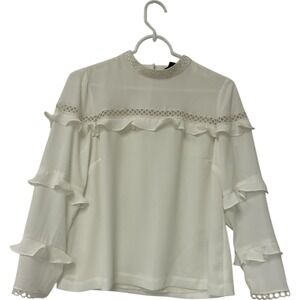 J Crew Tiered‎ Ruffle Blouse White Womens Size 0 Long Sleeve Eyelet Trim Shirt